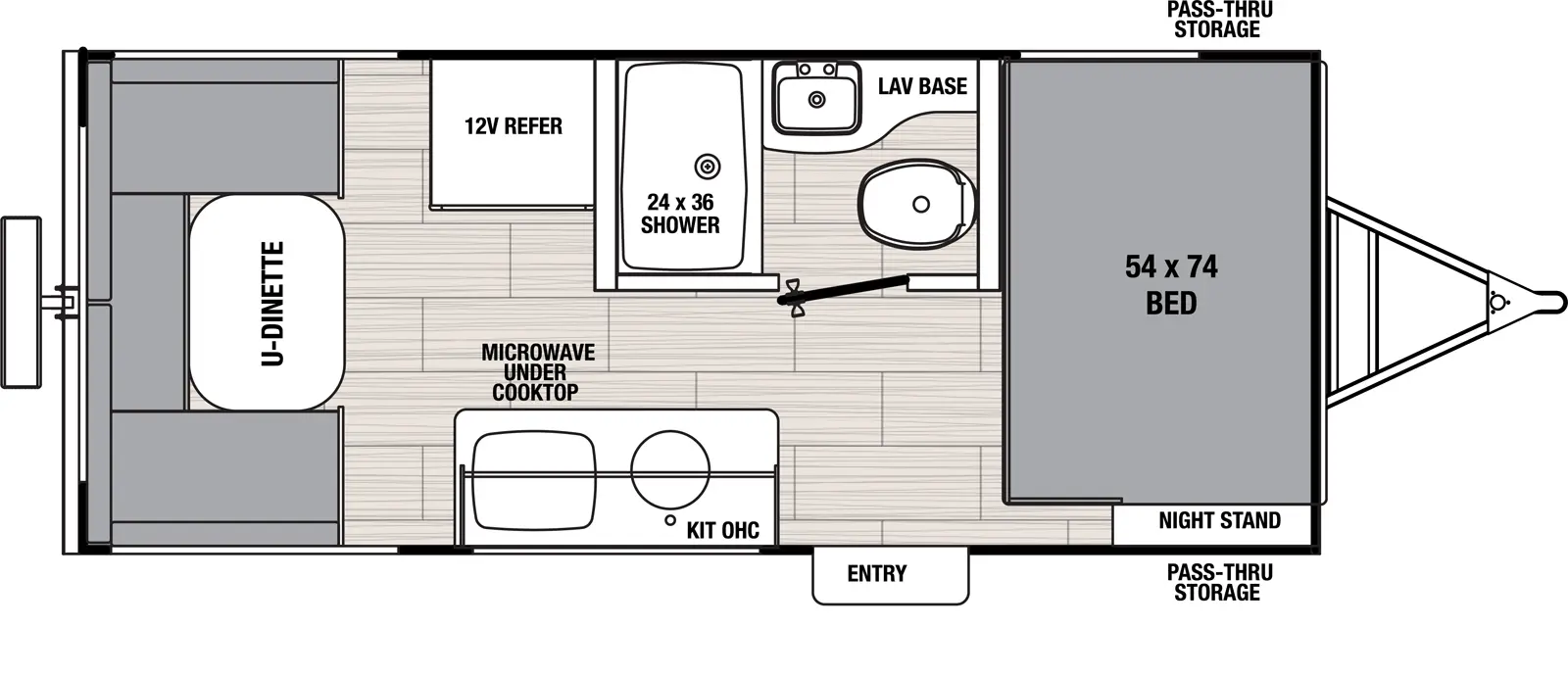 The 16RDB has zero slideouts and one entry. Exterior features front pass-through storage. Interior layout front to back: side-facing bed with door side nightstand; off-door side full bathroom; door side entry, kitchen counter with overhead cabinet and microwave under cooktop; off-door side 12V refrigerator; rear u-dinette.